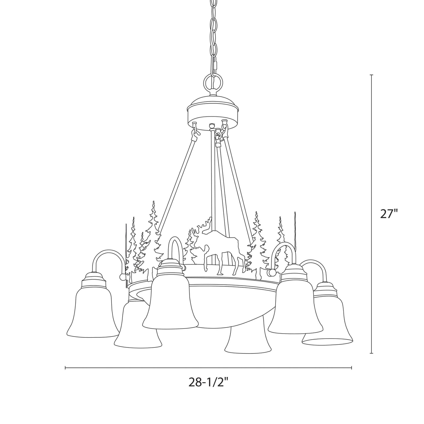 Technical diagram of the Yellowstone 9-light moose chandelier showing 28.5-inch width, and 27-inch height.