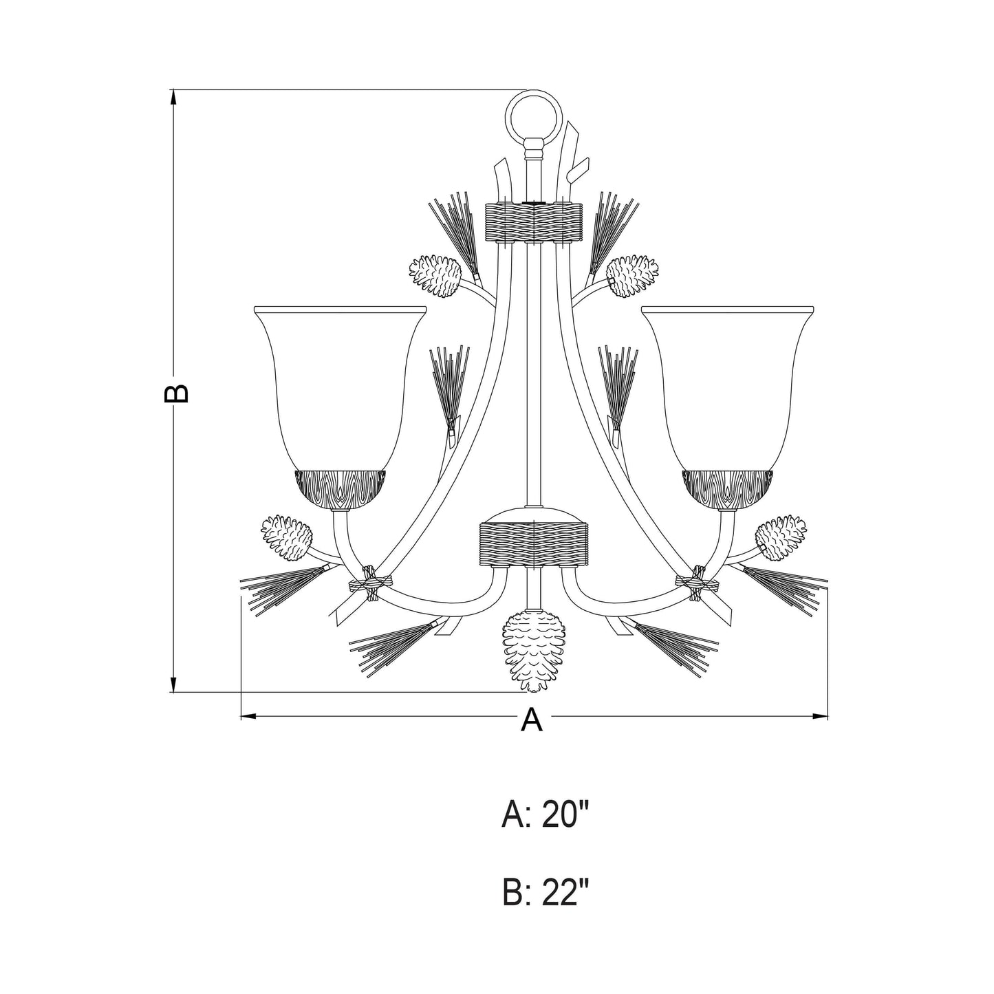 Technical diagram of the Sierra 3-light mini chandelier showing width A: 20 inches, height B: 22 inches.