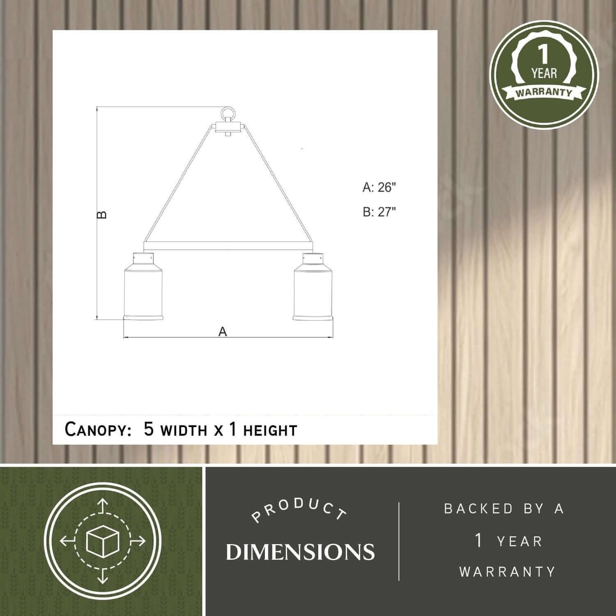 Technical diagram of the Milone 5-light chandelier showing width A: 26 inches, height B: 27 inches, and canopy size: 5 inches width × 1 inch height, backed by a 1-year warranty.