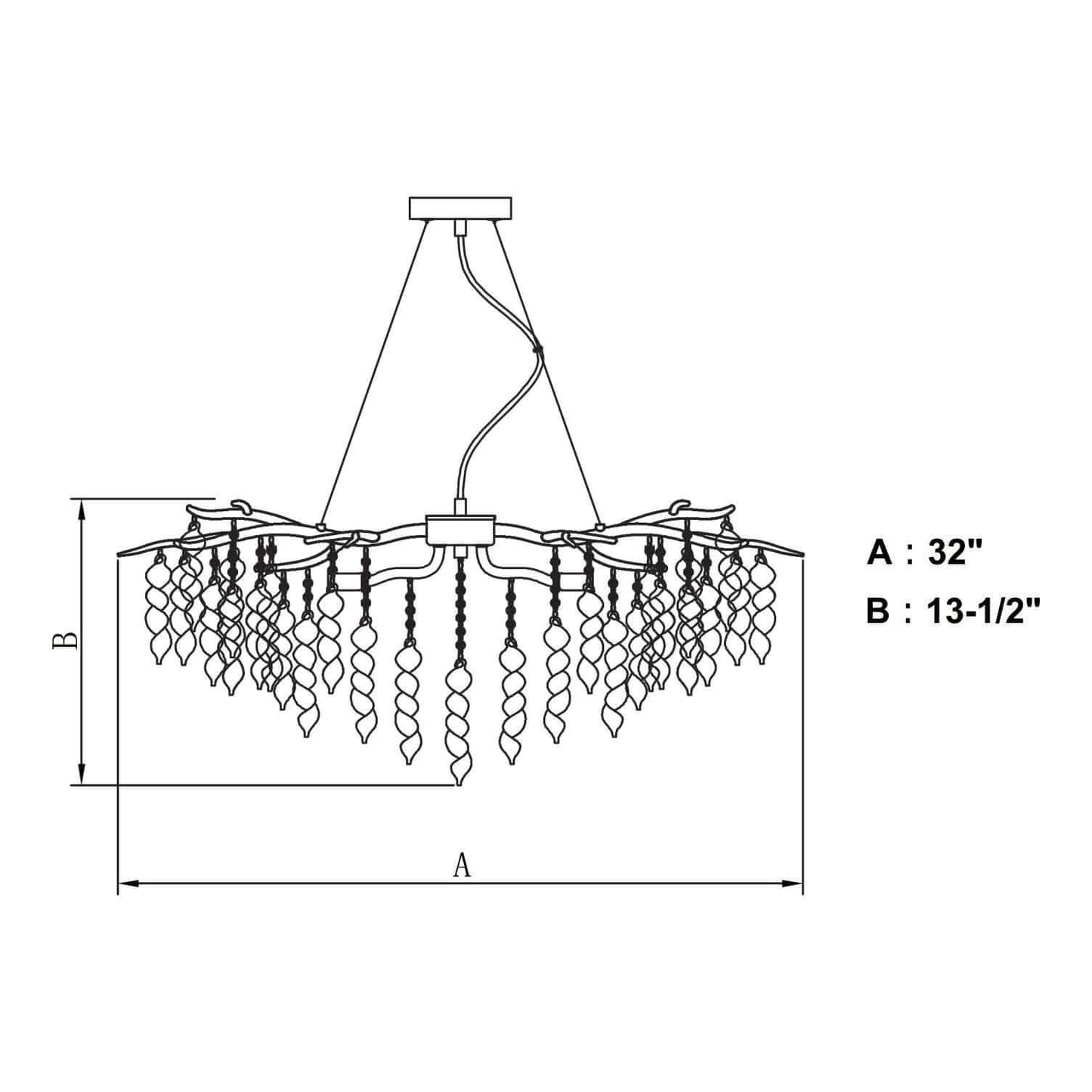 Rainier 5 light chandelier dimension diagram showing width A: 32 inches, height B: 13.5 inches