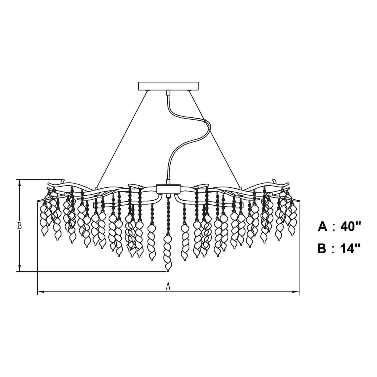 Technical diagram of the Rainier 6L linear chandelier showing width A: 40 inches, height B: 14 inches.