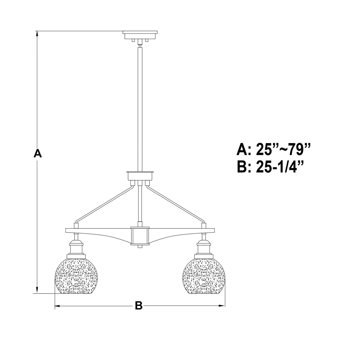 Diagram showing Avondale 5 light chandelier with adjustable fixture height A: 25 inch to 79 inch , width B: 25.25 inch.