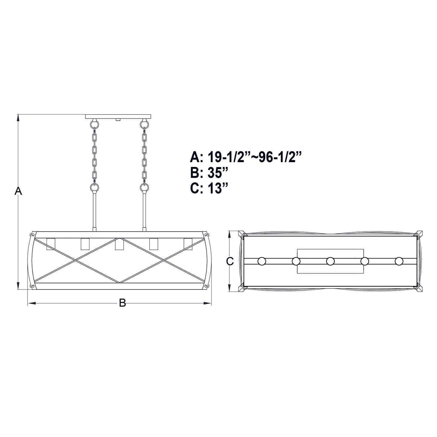 Diagram showing the Montclare 35 inch 5 light linear chandelier with adjustable fixture height A: 19.5 to 96.5 inches, width B: 35 inches, and depth C: 13 inches.
