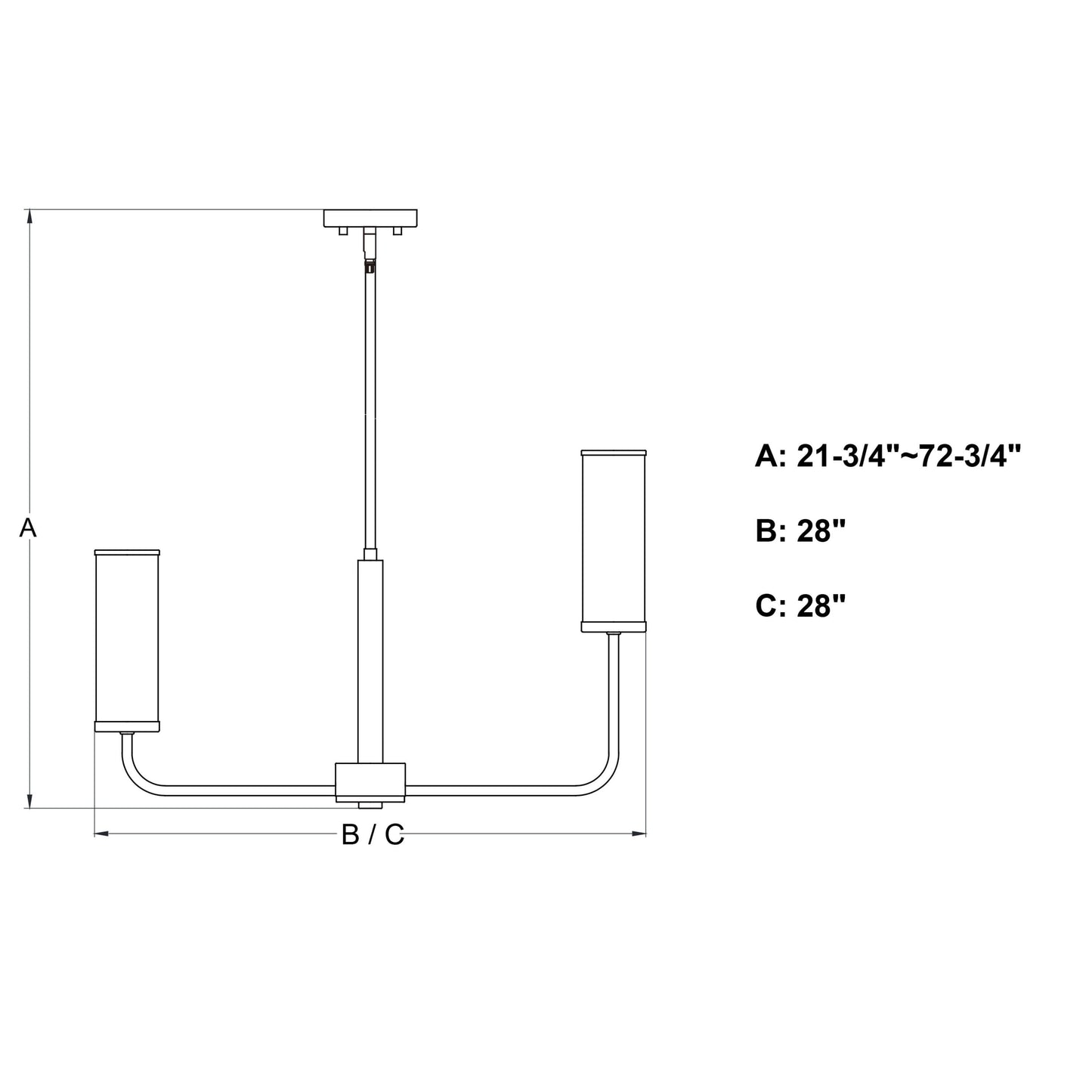 Glencoe 28 inch 6 light Chandelier showing adjustable fixture height A: 21.75 to 72.75 inch, width B: 28 inch.