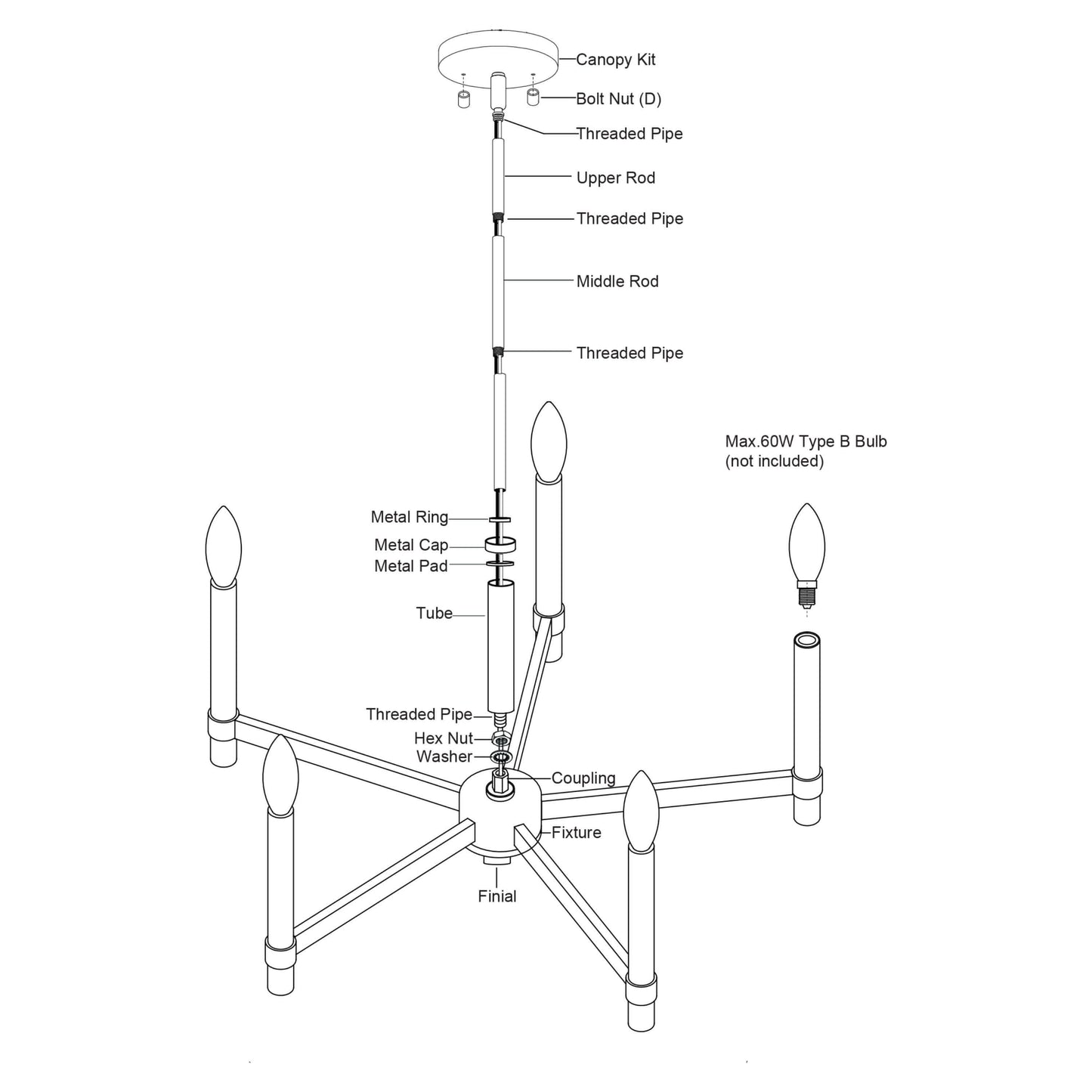 Exploded installation diagram of the Damen 25 inch 5 light chandelier showing the canopy kit, threaded pipes, upper and middle rods, coupling, fixture body, finial, and bulb placement for assembly reference.