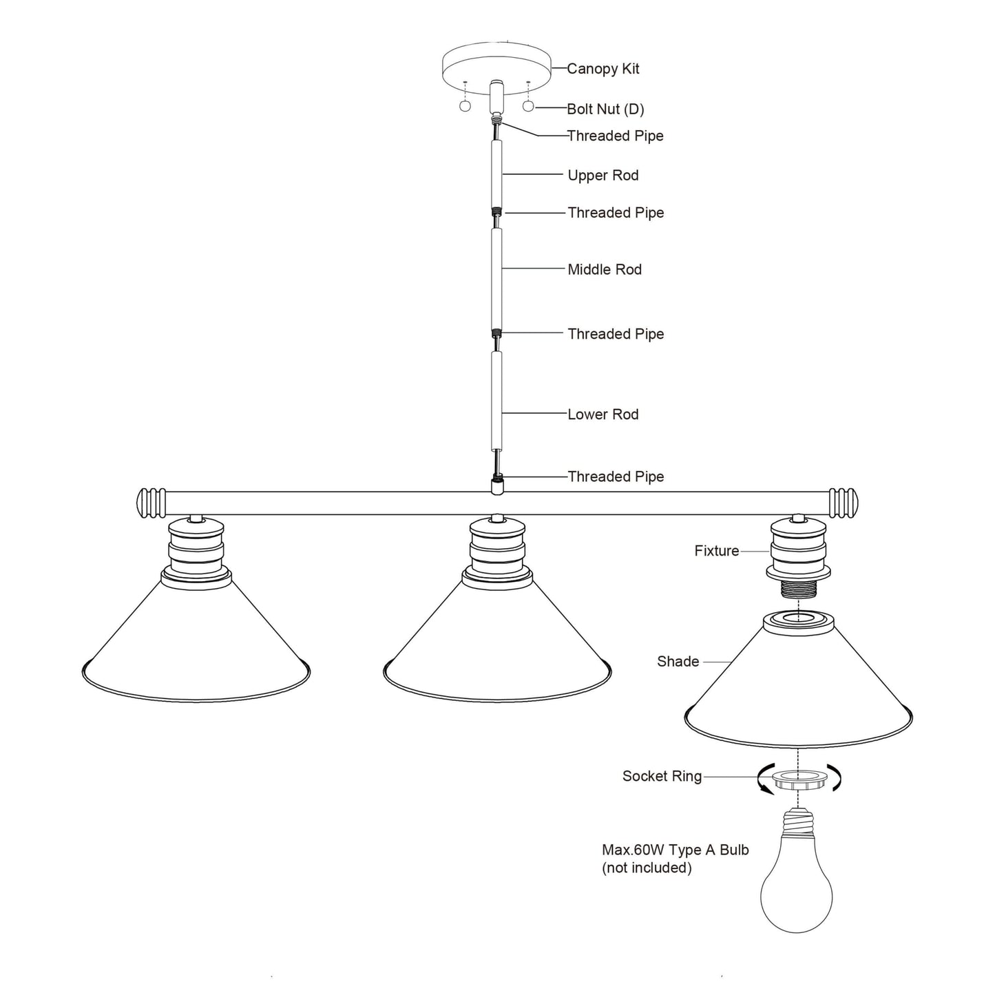 Exploded installation diagram of the Akron 35.75-inch 3-light linear chandelier showing the canopy kit, bolt nut, rods, threaded pipes, fixture frame, metal shades, socket rings, and max 60W Type A bulb placement for assembly reference.