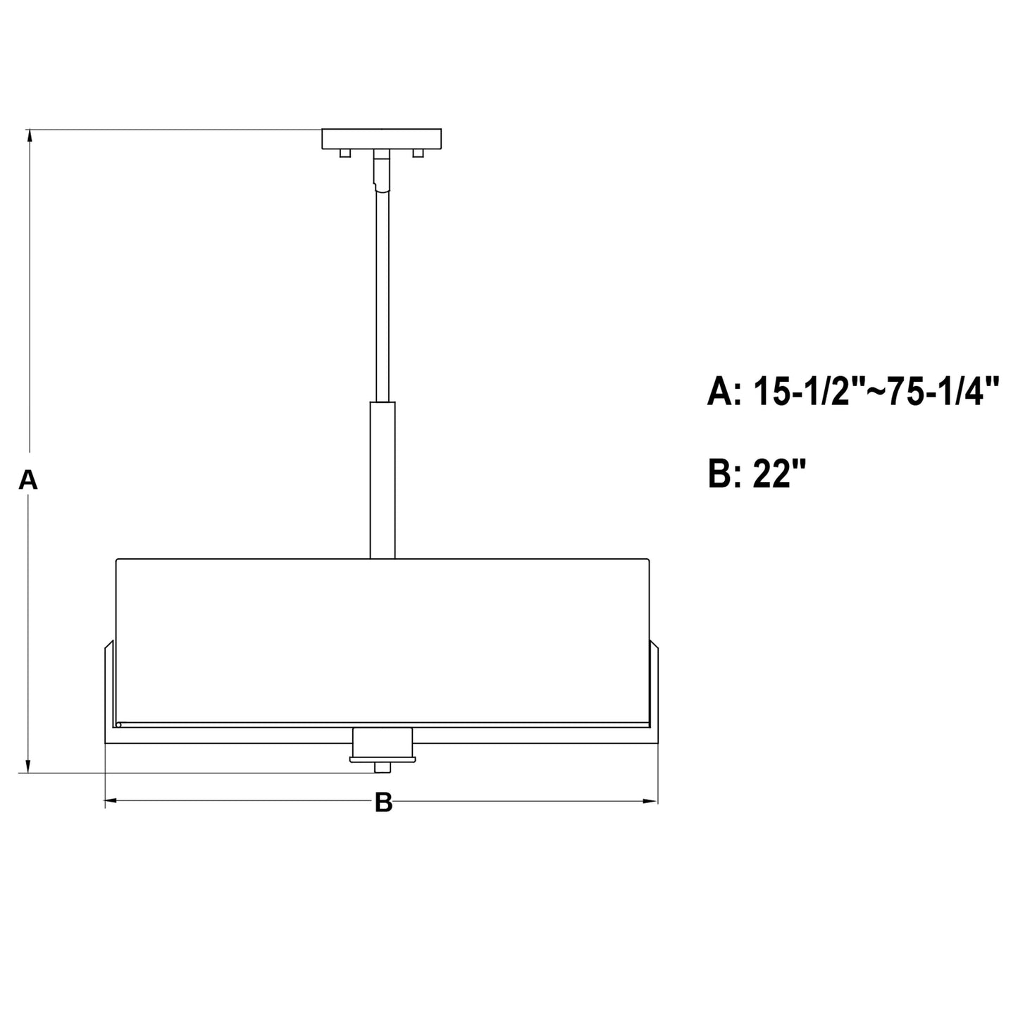 Technical dimension line drawing of the Surrey 22-inch 5-light chandelier showing adjustable fixture height A: 15.5 to 75.25 inches and a 22 inch diameter wheel frame for installation and spacing reference.
