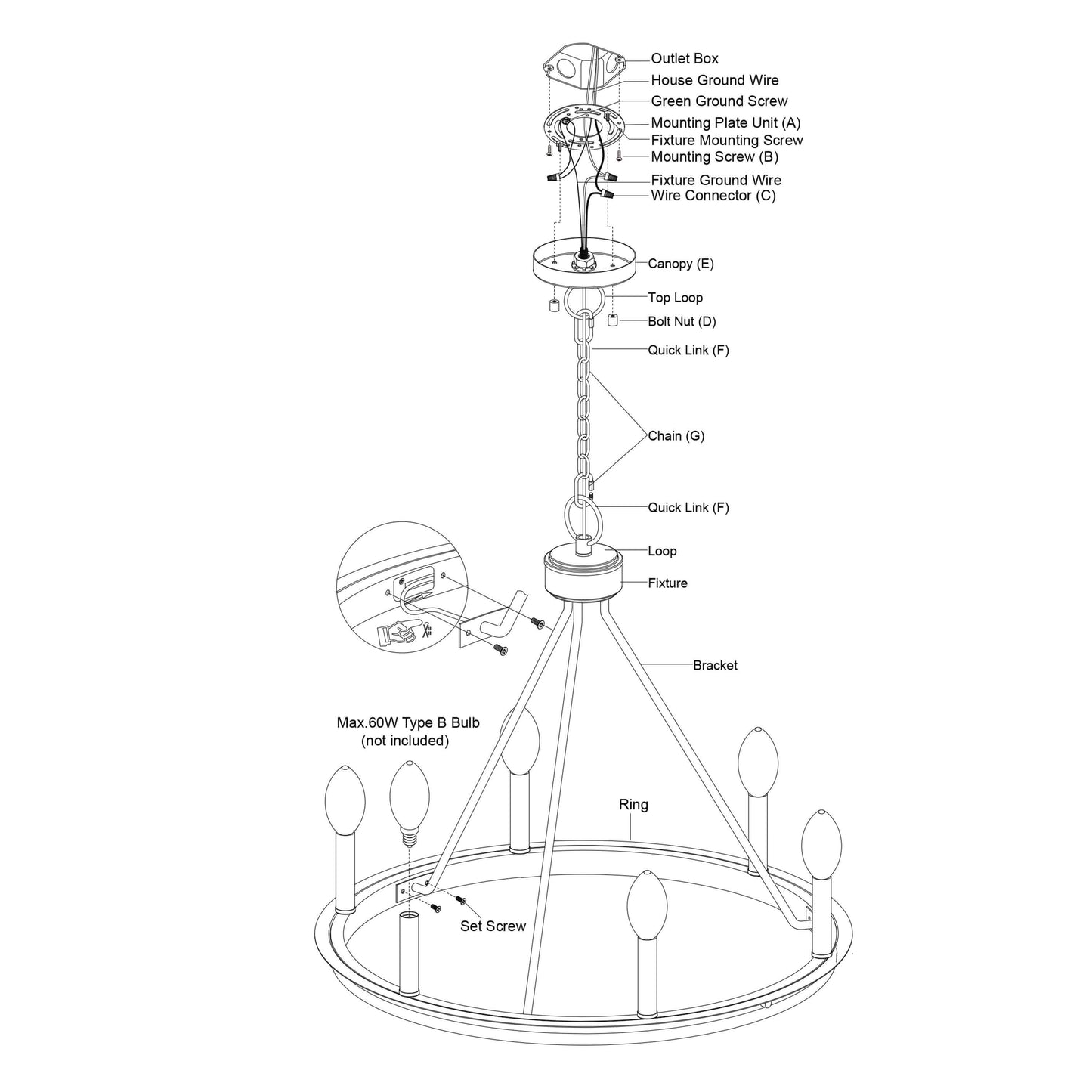 Exploded installation diagram of the Russel 24.75-inch 6-light chandelier showing outlet box, mounting plate, canopy, chain, quick links, fixture loop, ring frame, candelabra bulb sockets, wiring components, and assembly hardware .