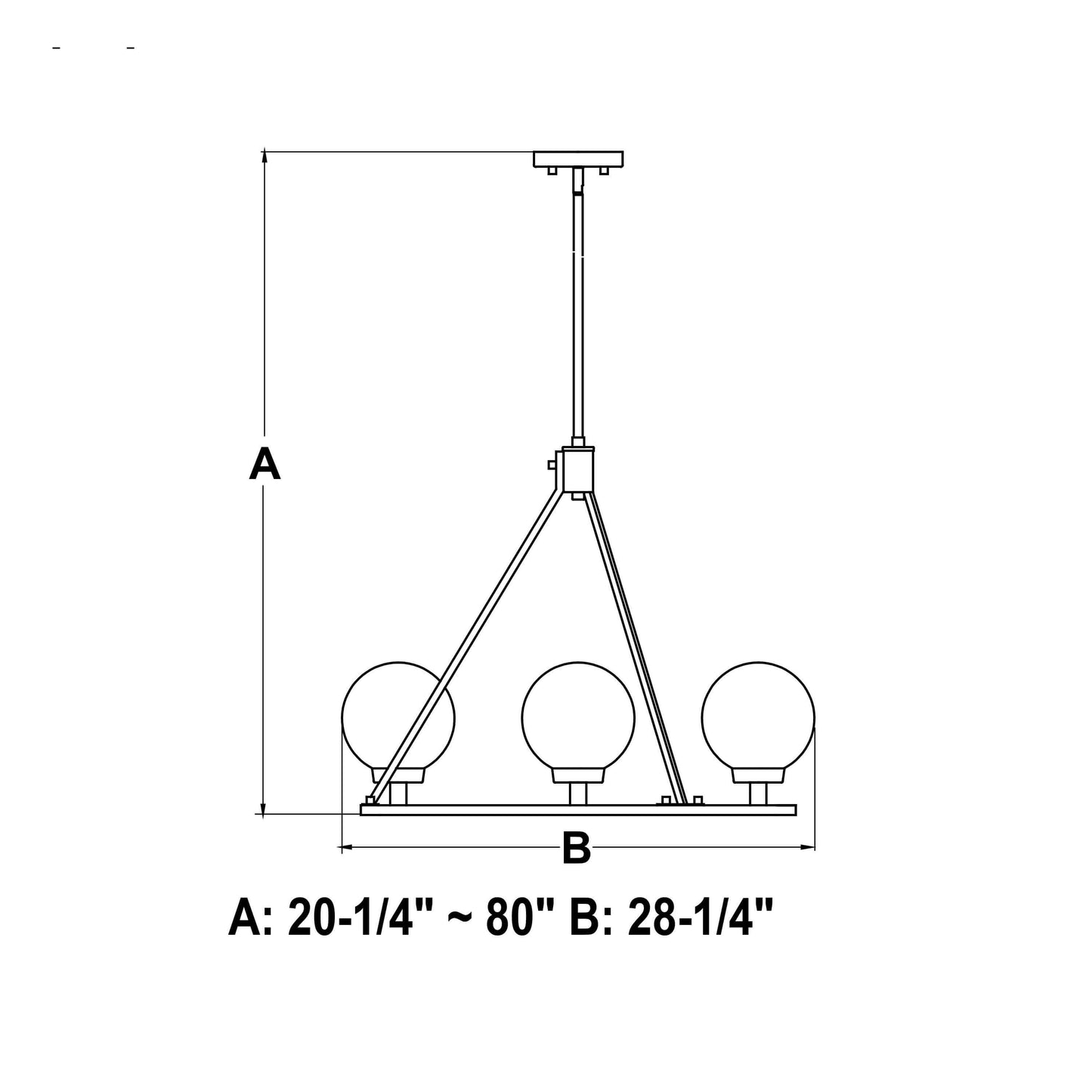 Technical dimension line drawing of the Lander 28.25-inch 6-light chandelier showing adjustable height A: 20.25–80 inch and fixture width B: 28.25 inch