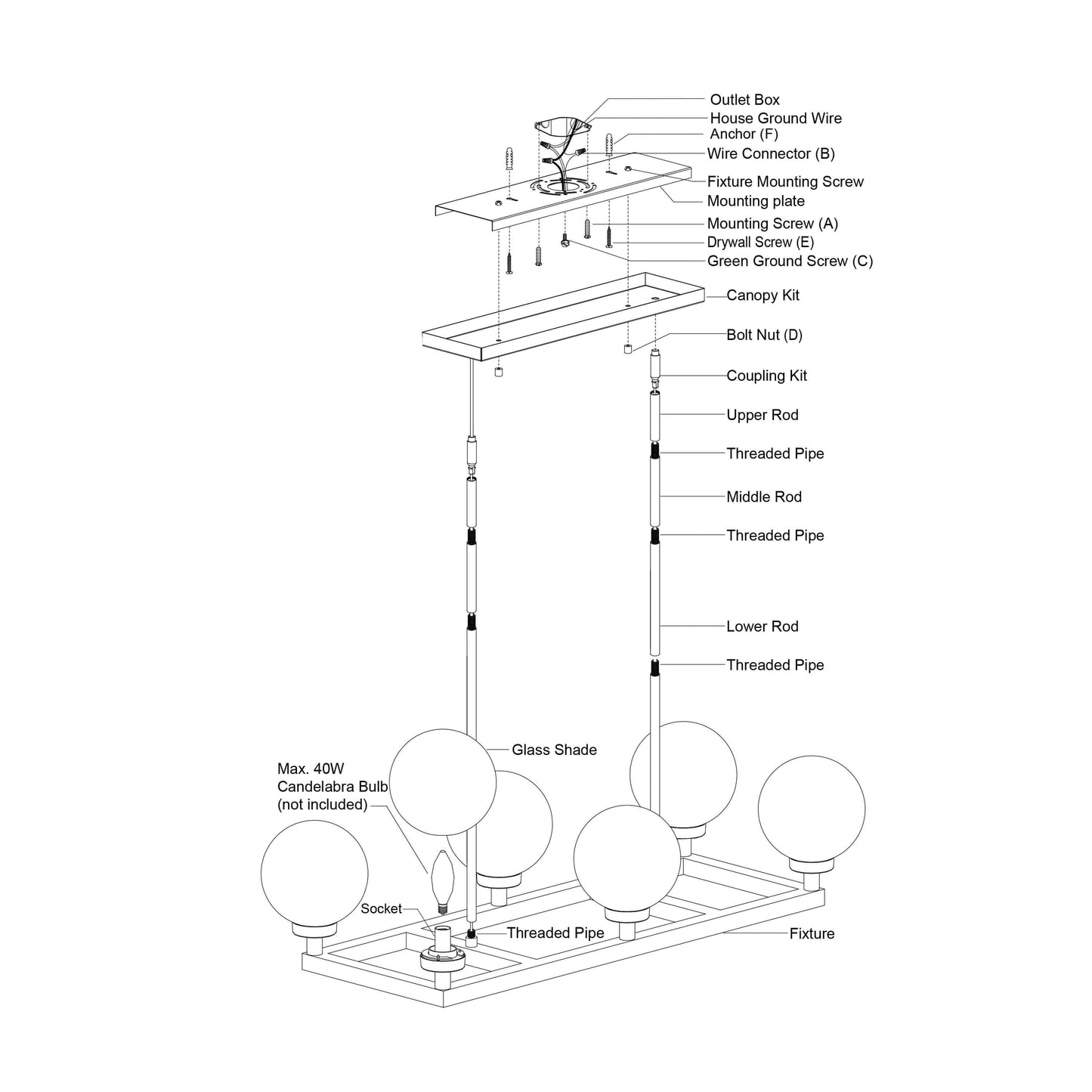 Exploded installation diagram of the Lander 35-inch 6-light linear chandelier showing wiring, canopy kit, mounting plate, rods, threaded pipes, glass shades, candelabra bulb sockets, and assembly parts in a matte black finish.