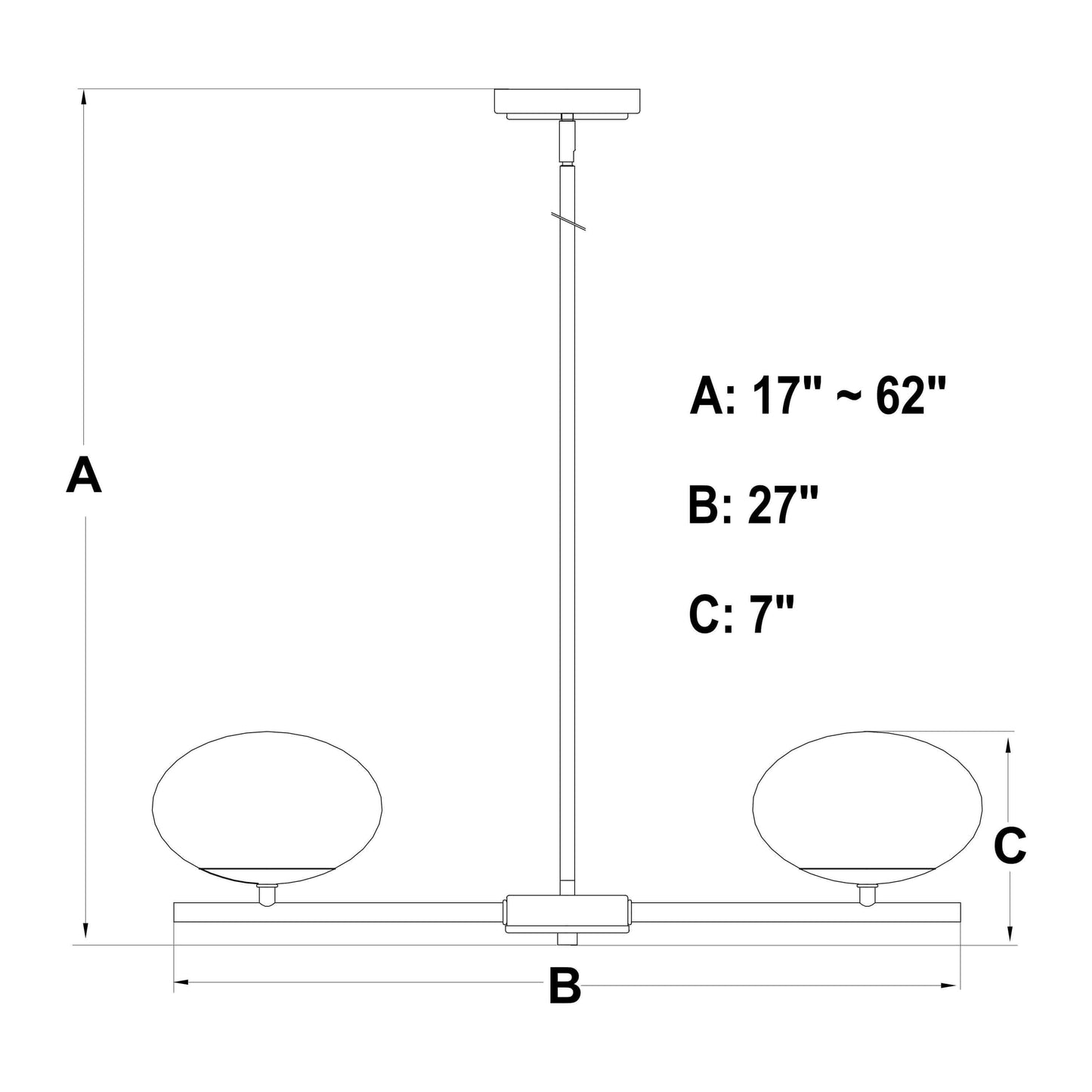 Technical dimension line drawing of Sloane 27 inch 5 Light Chandelier showing adjustable height A: 17–62 inches, width B: 27 inches, and glass globe height C: 7 inches.