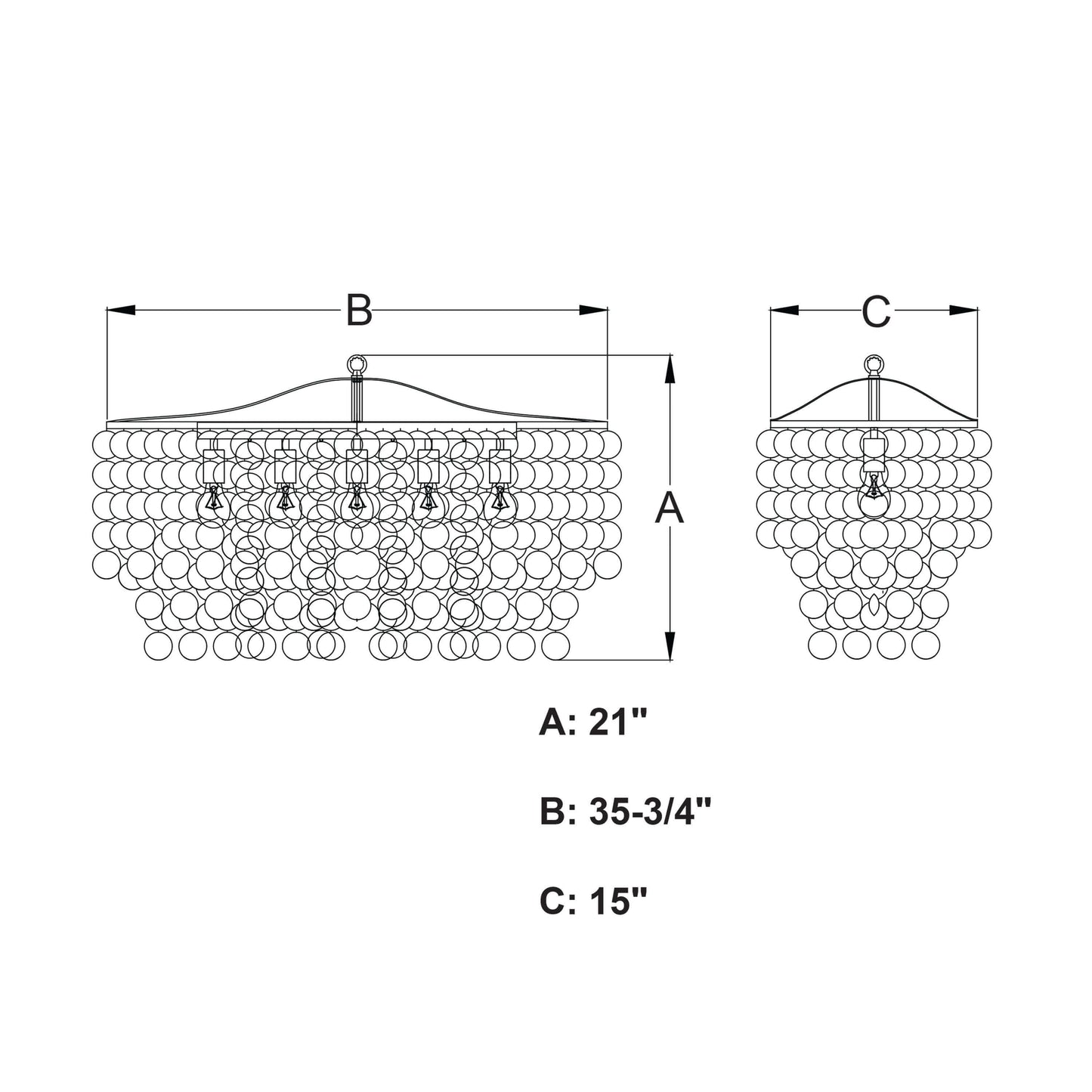 Technical dimension line drawing of the Elsa Capiz Shell 35.75 inch 5 Light Chandelier showing height A: 21-inch, width B: 35-3/4 inch, canopy width C: 15-inch and 1-inch height.