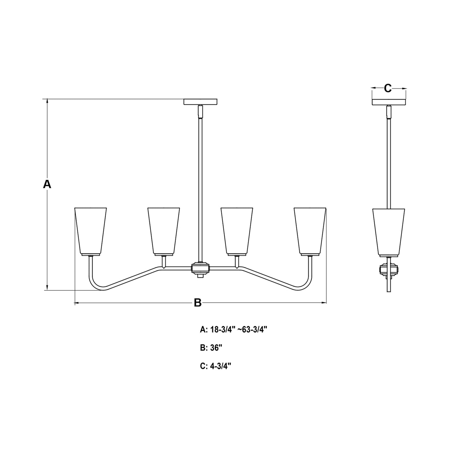 Technical dimension line drawing of the Beverly 36-inch 4 Light Linear Chandelier showing height A: 18.75″–63.75″, width B: 36″, and canopy size C: 4.75″ width × 1″ height