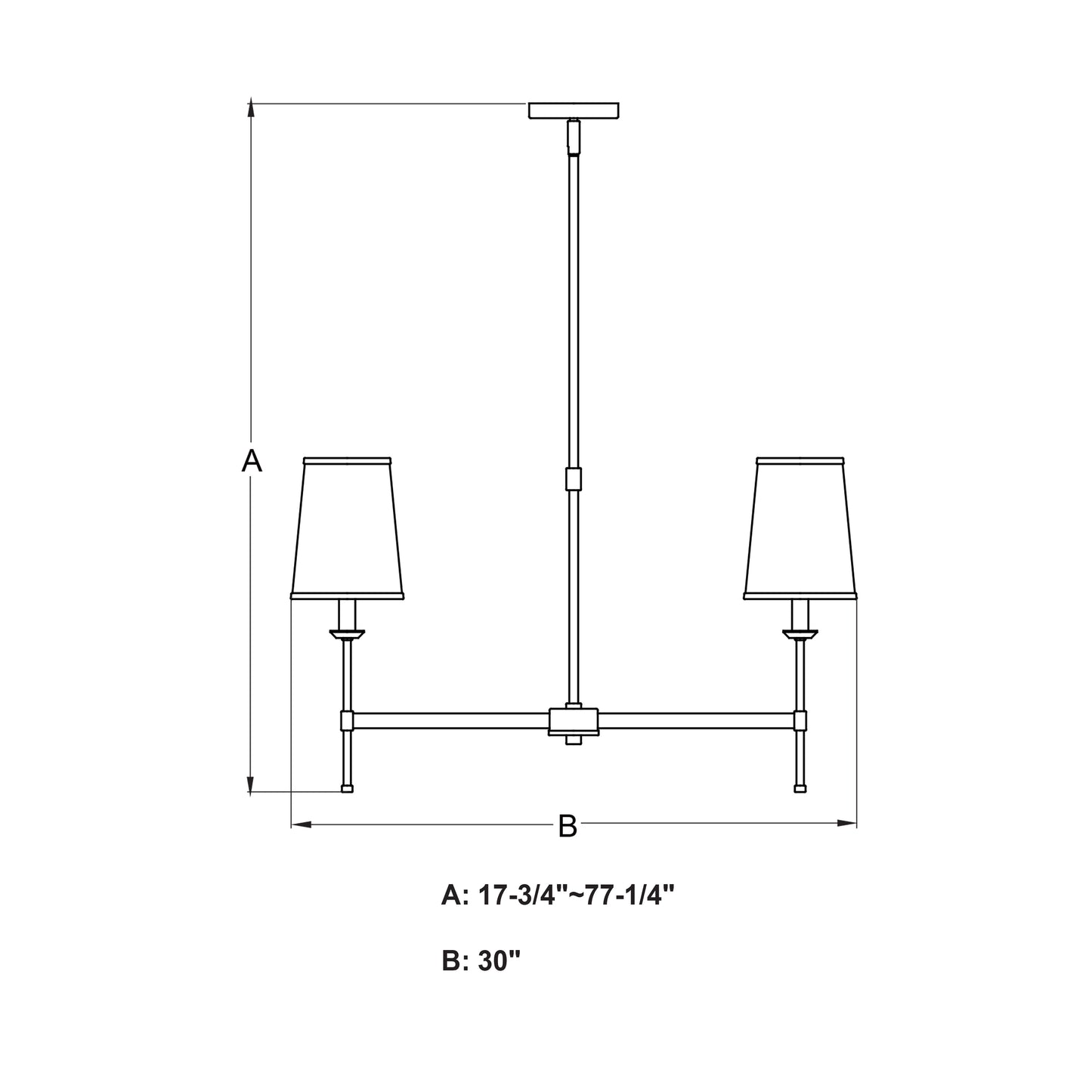 Camden 30-inch 6 Light Chandelier technical line drawing showing adjustable height A: 17.75-inch to 77.25-inch and width B: 30-inch