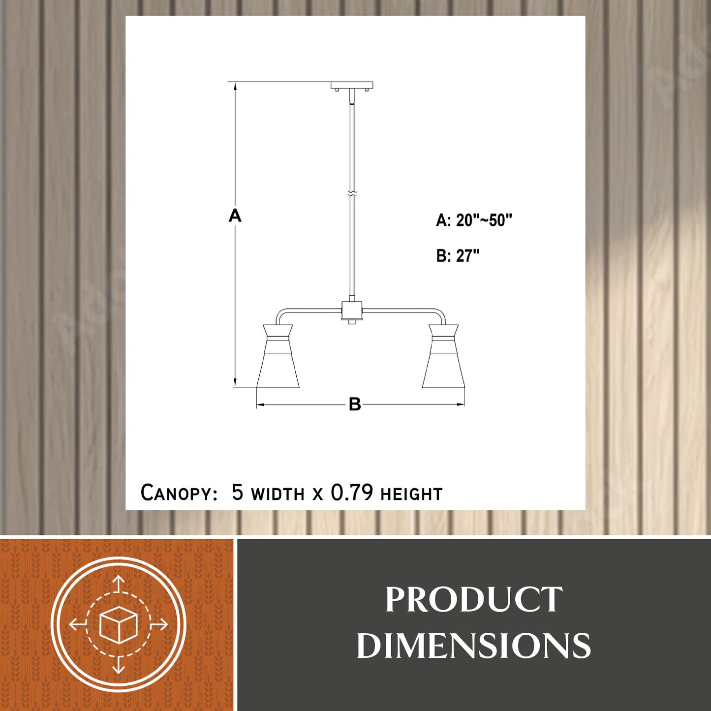 Harper 27-inch 5 Light Chandelier technical dimensions diagram showing adjustable height (A: 20″–50″), width (B: 27″), and canopy size 5″ width × 0.79″ height