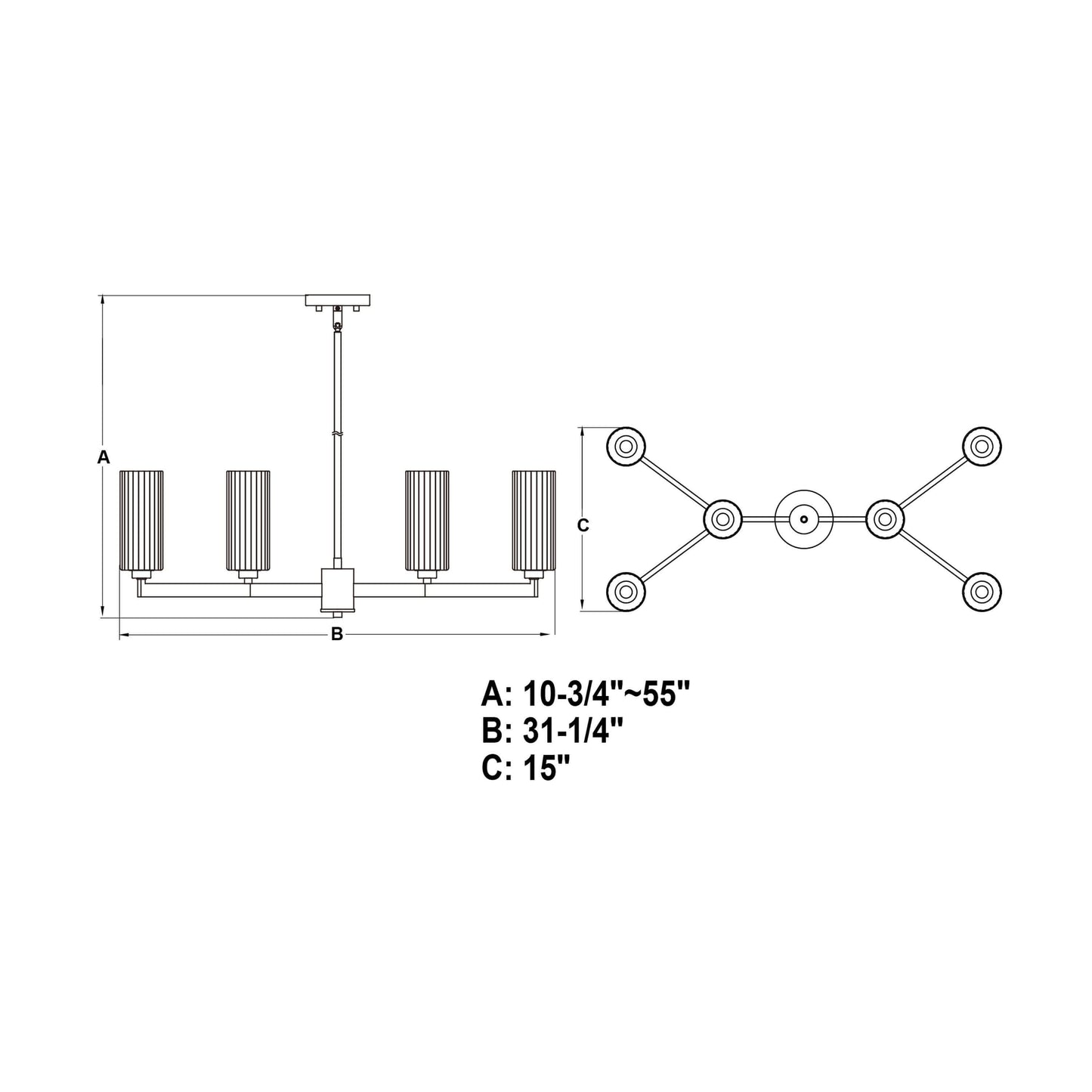 Claremont 31.25-inch 6 Light chandelier technical line drawing showing dimensions: A = adjustable height (10-3/4 to 55 inches), B = chandelier width (31-1/4 inches), and C = canopy size (15 inches).
