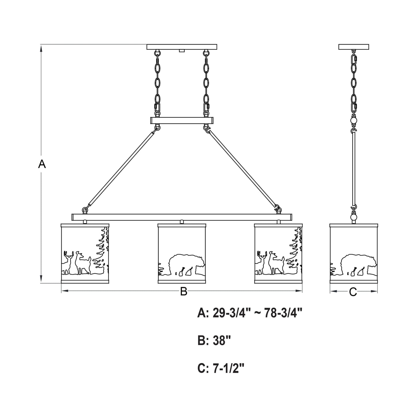 Technical dimensions diagram of the Acadia 3 Light Linear Chandelier showing 29.75-78.75 inch adjustable height, width of 38 inches, and shade depth of 7.5 inches.