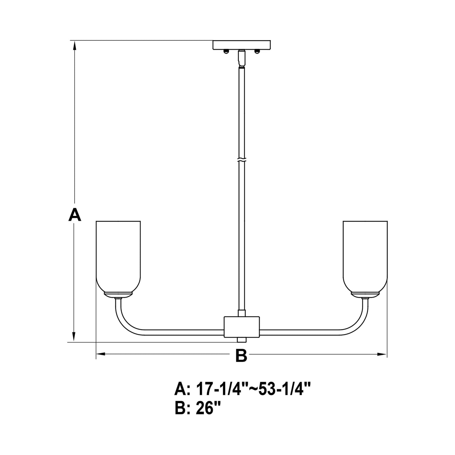 Shelby 26-inch 5-light chandelier measurement diagram showing 17.25–53.25 inch adjustable height and 26-inch width.