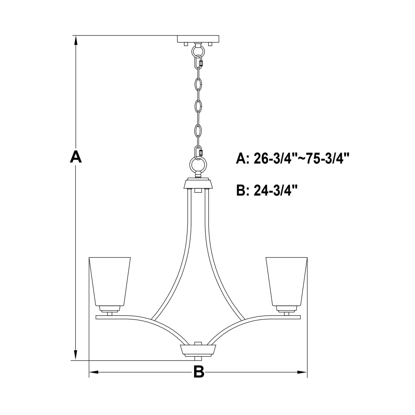 Technical diagram of the River Grove 24.75-inch wide 5-light chandelier showing adjustable height A: 26.75–75.75 inches and width B: 24.75 inches.