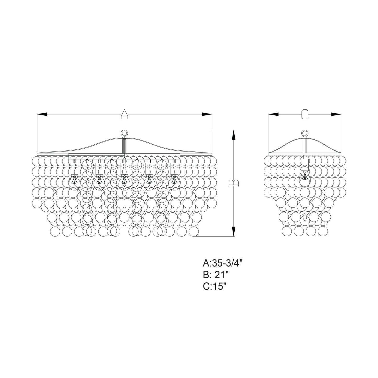 Dimension diagram of the Elsa 5-light linear chandelier showing 35.75-inch width, 21-inch height, and 15-inch depth with detailed front and side measurements.