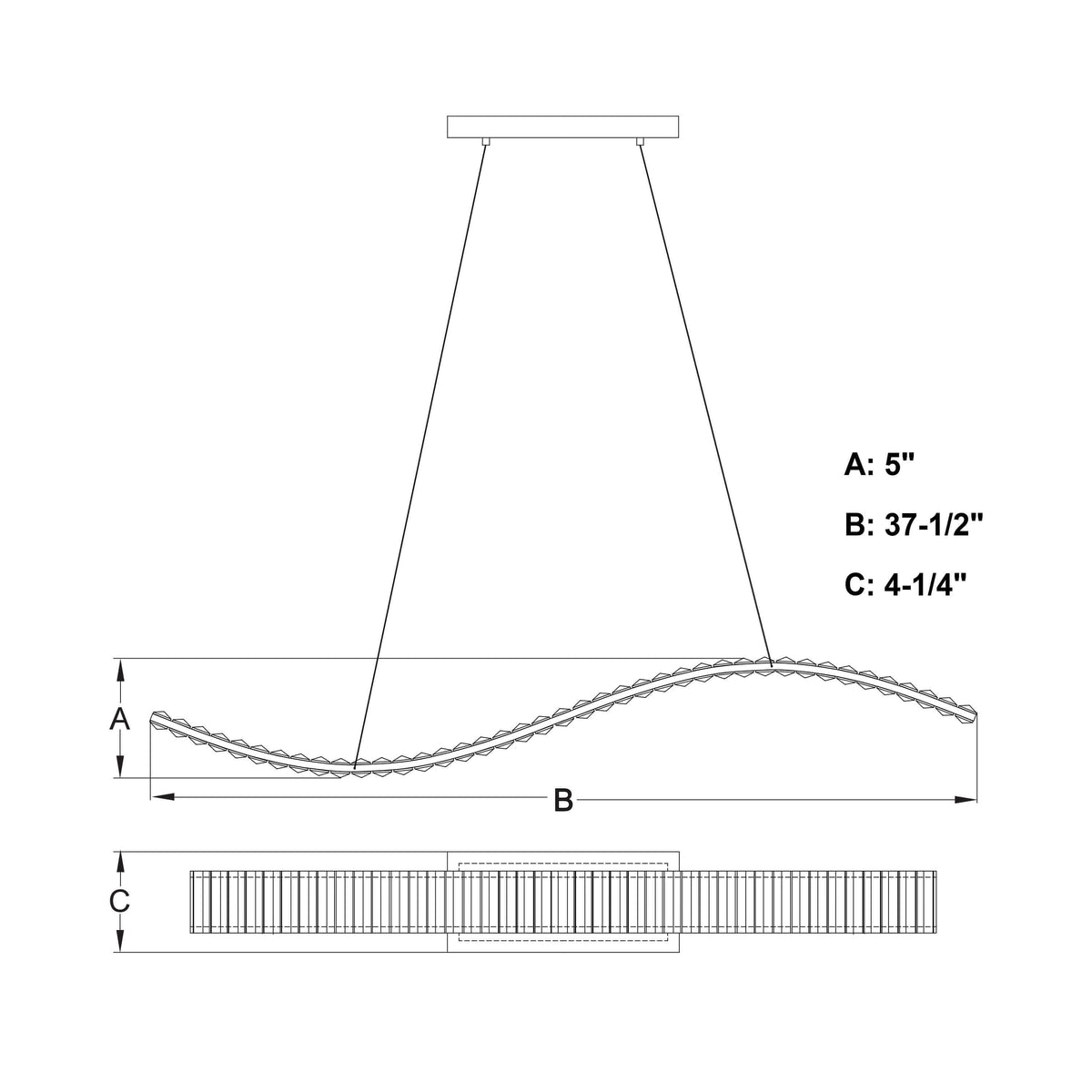 Edgewater 38” LED Linear Chandelier dimensions diagram with measurements: Vertical Thickness = 5", Full Horizontal Length: 37-1/2", Front-To-Back Depth = 4-1/4".