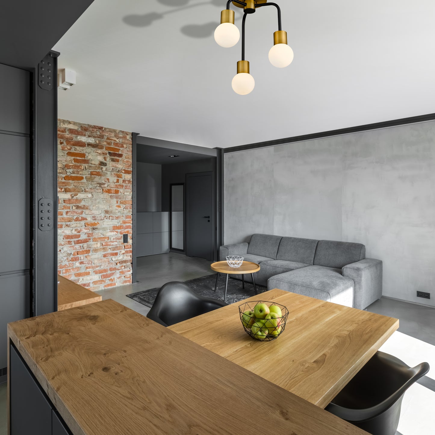 Neutra 3 Light Chandelier Matte Black + Foundry Brass