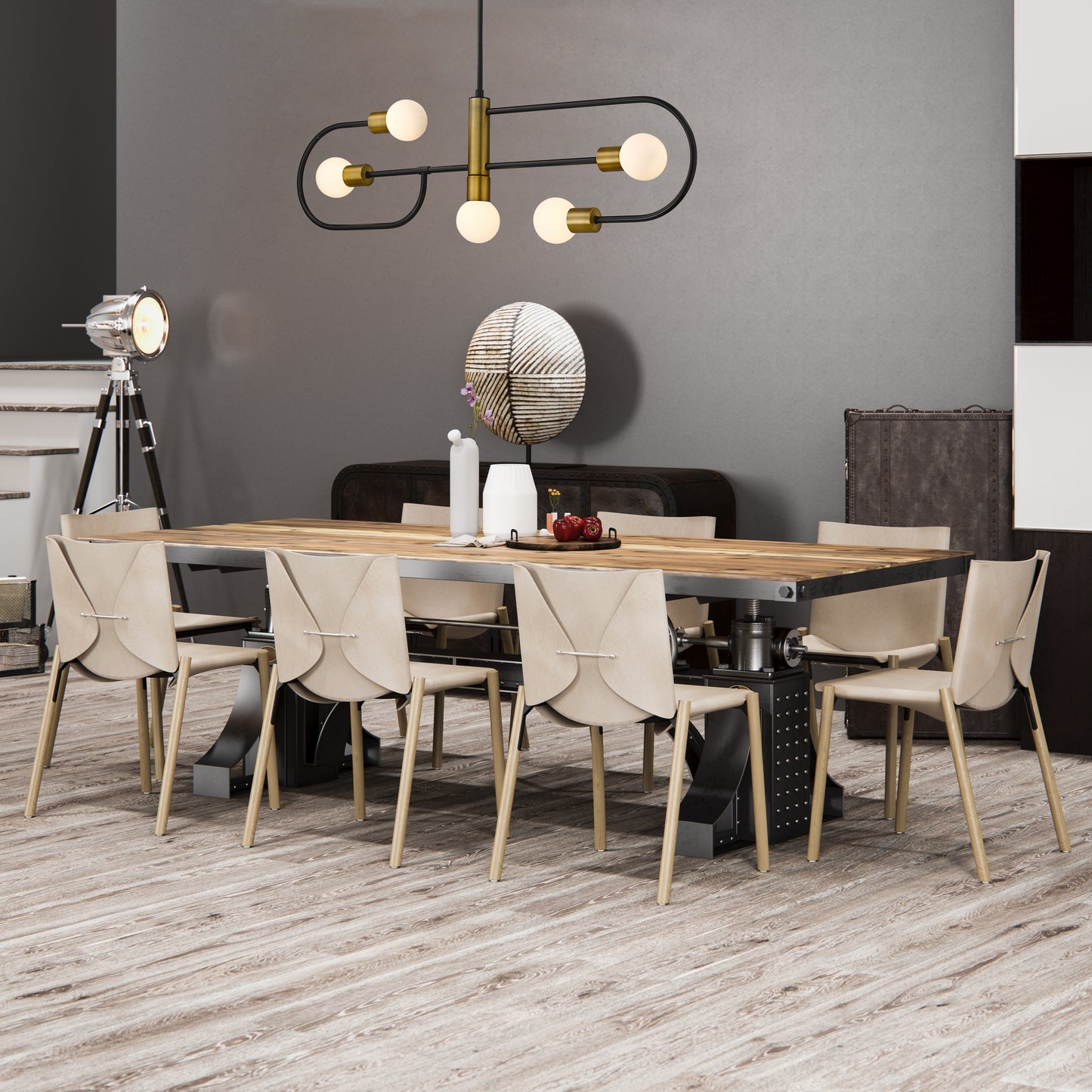 Neutra 5 Light Linear Chandelier Matte Black + Foundry Brass