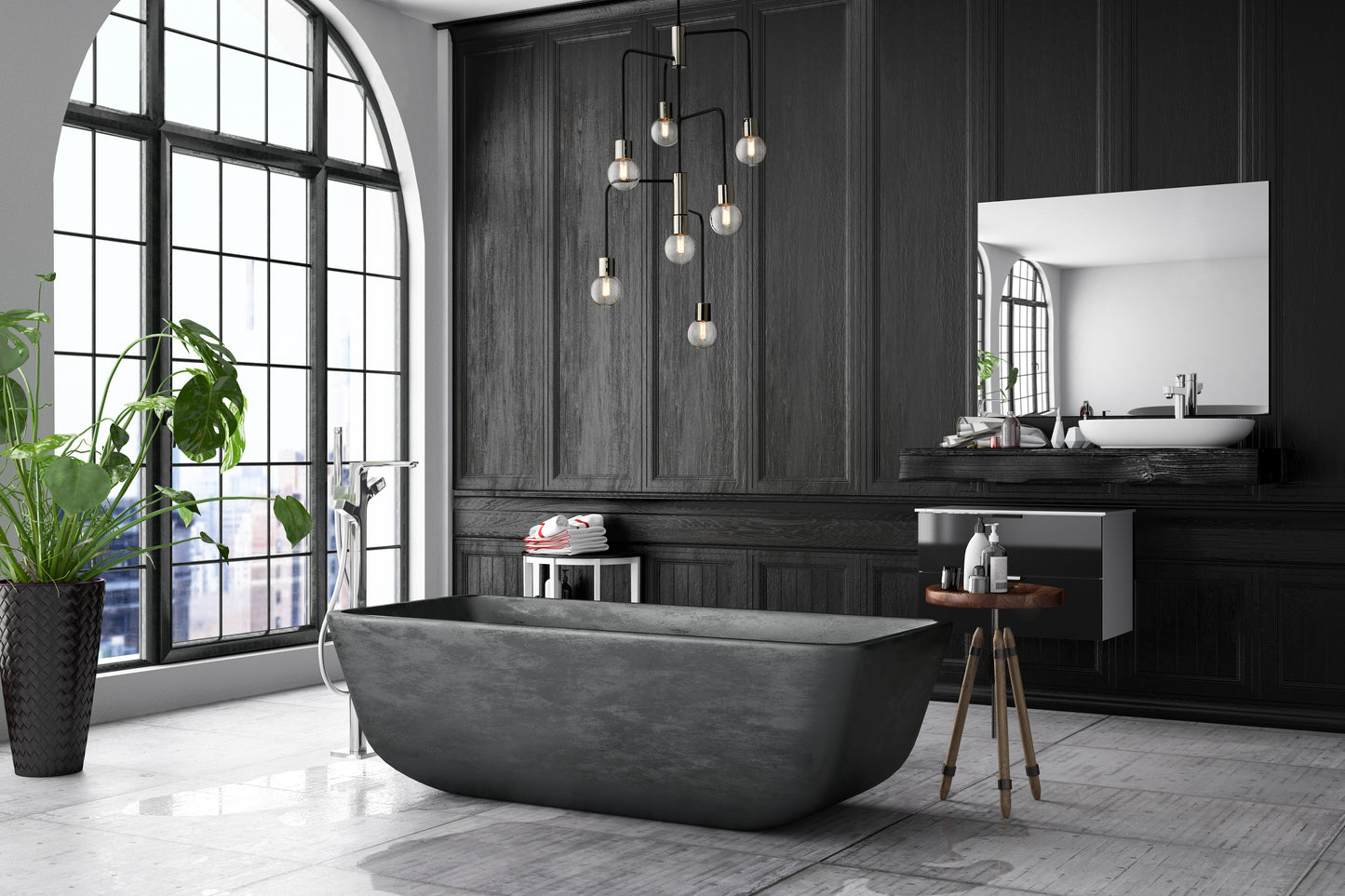Neutra 7 Light Chandelier Matte Black + Polished Nickel