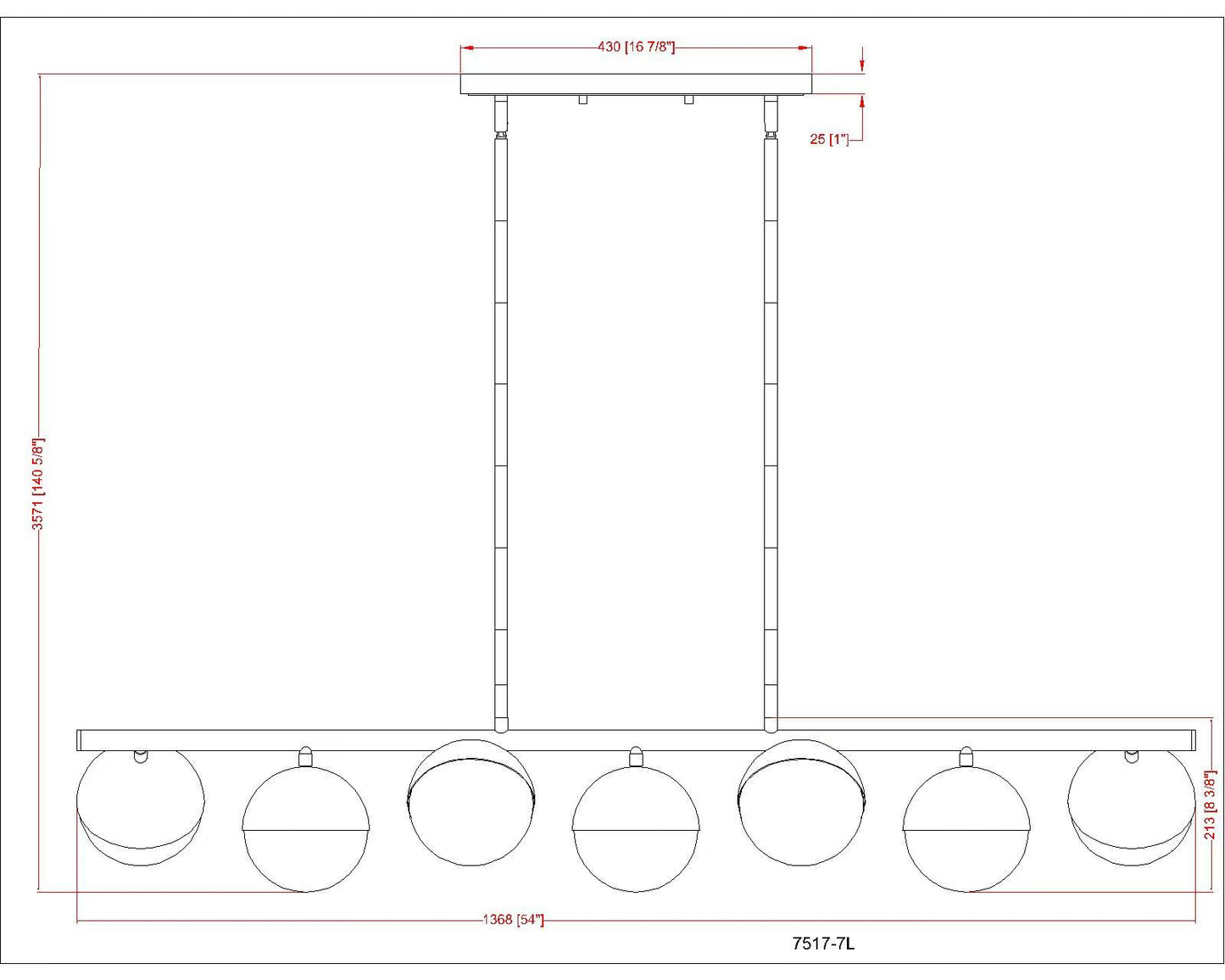 Realm Sphere 7 Light Linear Chandelier Brushed Nickel