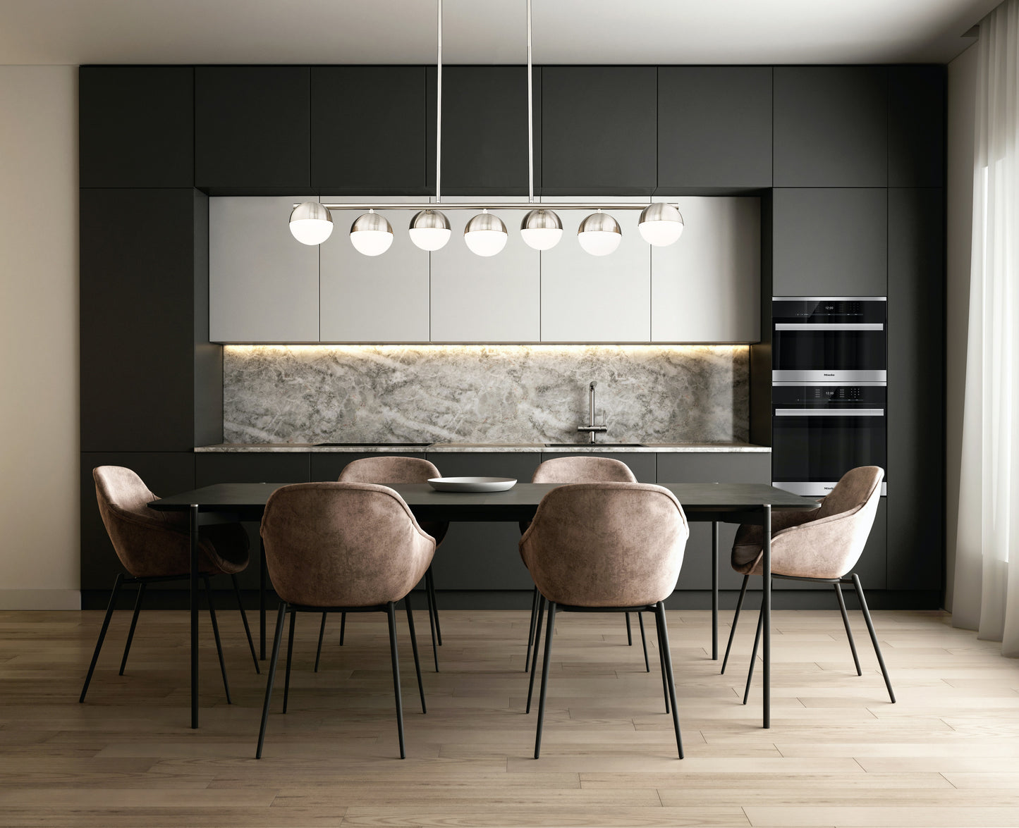 Realm Sphere 7 Light Linear Chandelier Brushed Nickel