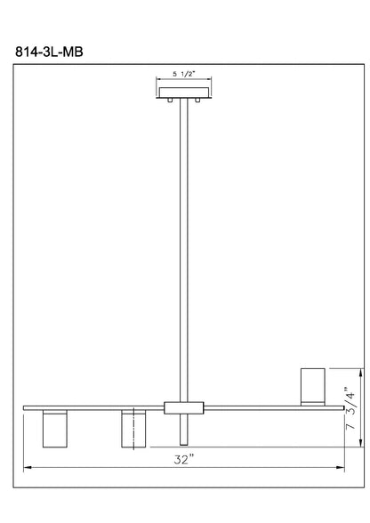 Calumet 3 Light Linear Chandelier Matte Black + Olde Brass