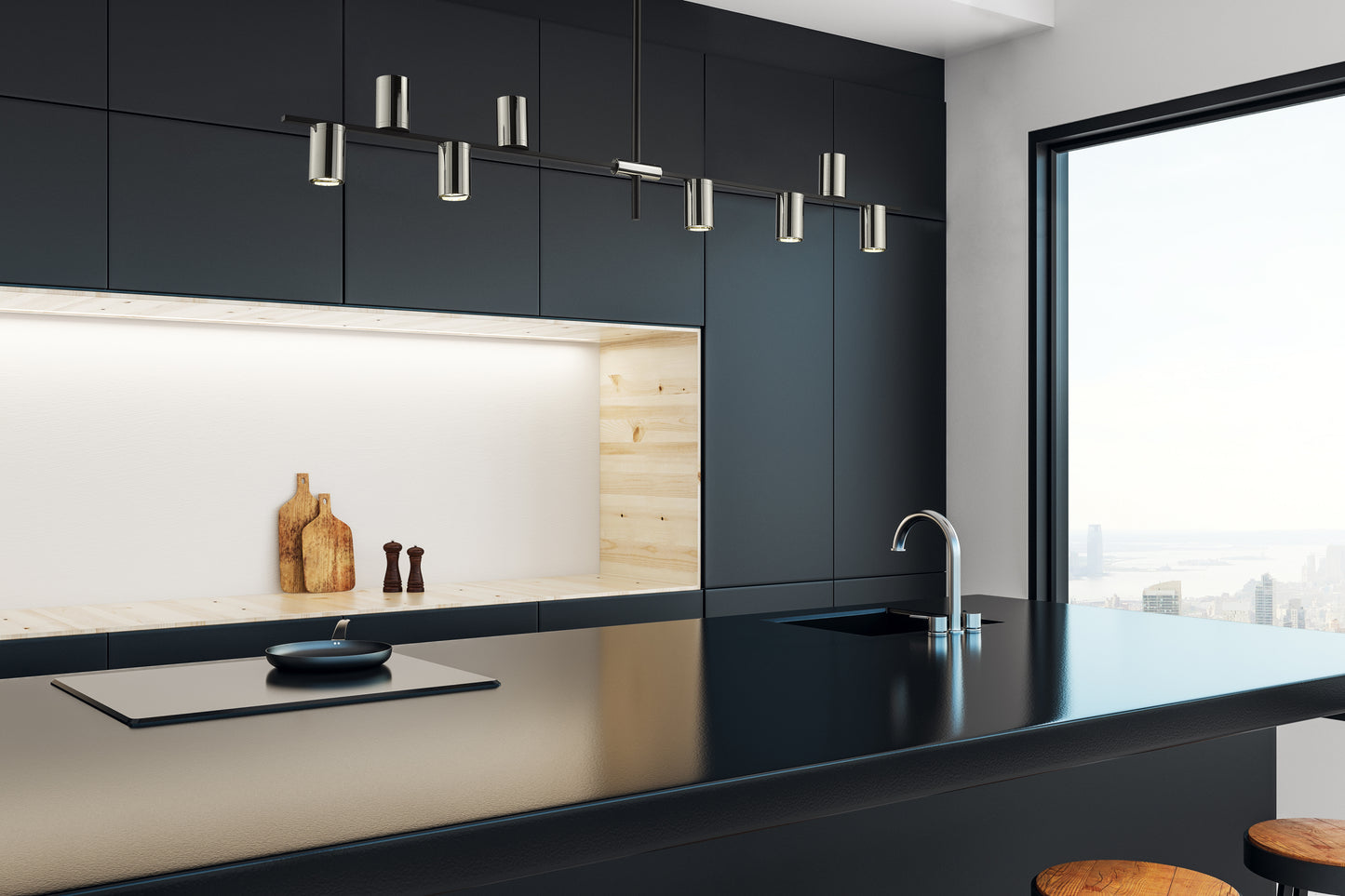 Calumet GU10 8 Light Linear Chandelier Matte Black + Polished Nickel