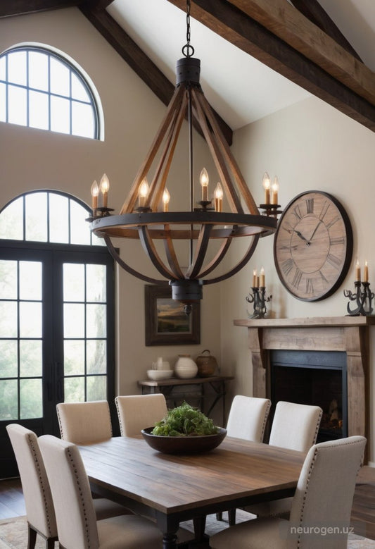 Elara 8-Light Rustic Wood and Iron Chandelier 36"