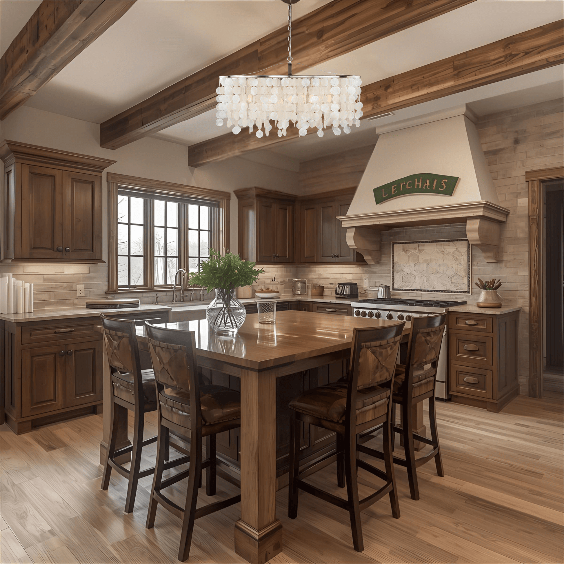 Elsa 5-light linear chandelier with capiz shell design hanging above a rustic wooden kitchen island in a warm traditional kitchen.