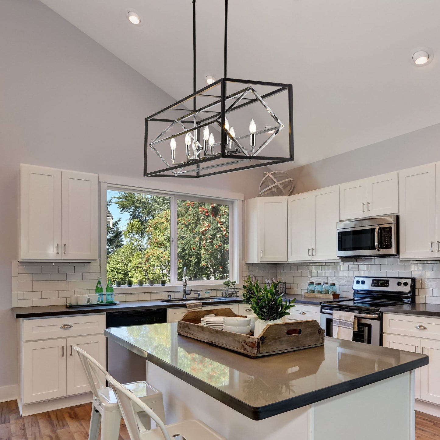 Euclid 8 Light Linear Chandelier Chrome + Matte Black