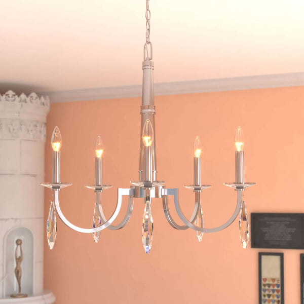 Front view of the Hoyne 5 Light Chandelier showcasing its polished nickel steel frame, candelabra-style lamps, and elegant clear crystal drops.
