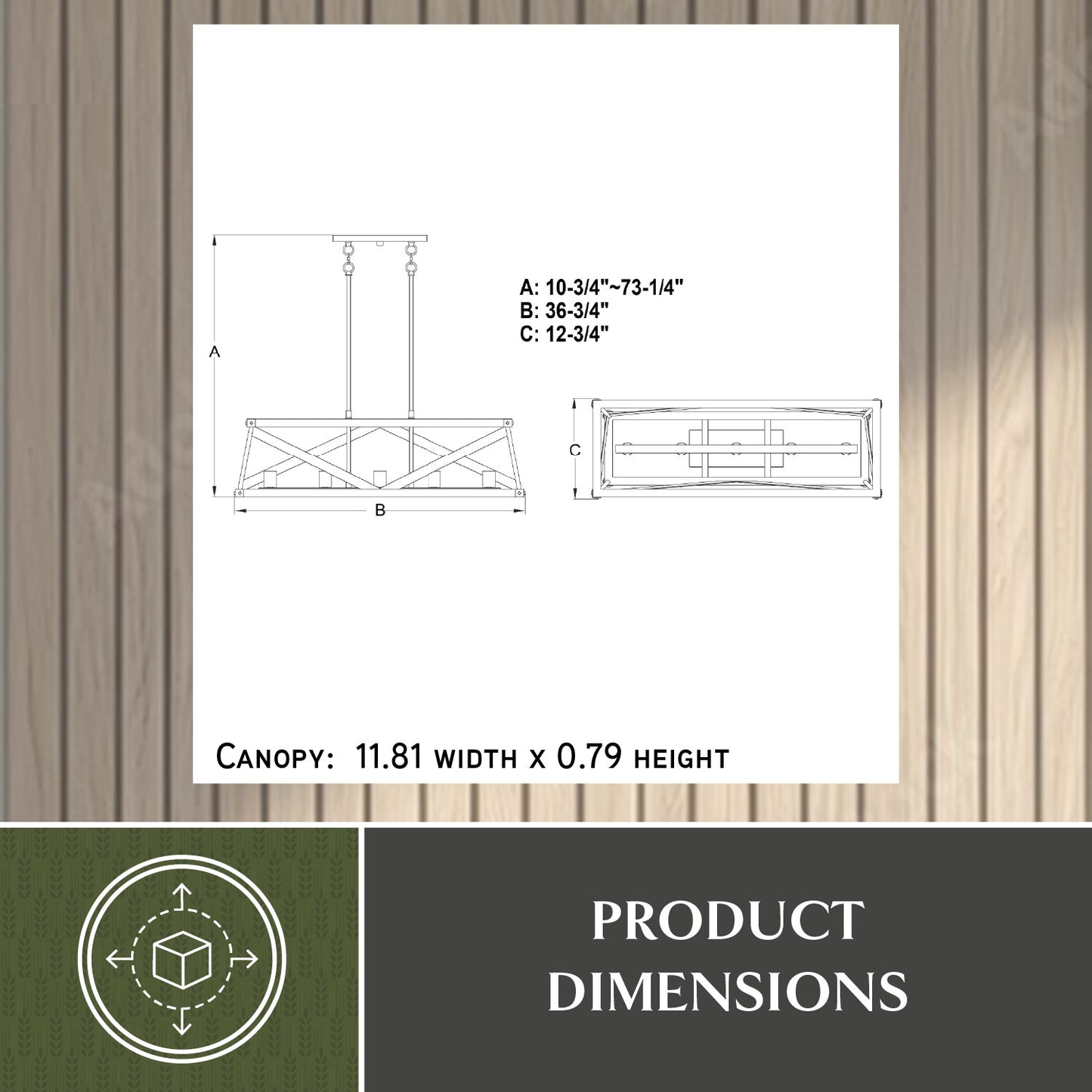 Wade 36 inch 5 light linear chandelier showing adjustable fixture height A: 10.75 inch to 73.25 inch, width B: 36.75 inch, depth C: 12.75 inch, and canopy size 11.81 inch width × 0.79 inch height.
