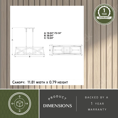 Wade 36 inch 5 light linear chandelier showing adjustable fixture height A: 10.75 inches to 73.25 inches, width B: 36.75 inches, depth C: 12.75 inches, and canopy size 11.81 inches width × 0.79 inch height, backed by a 1-year warranty.