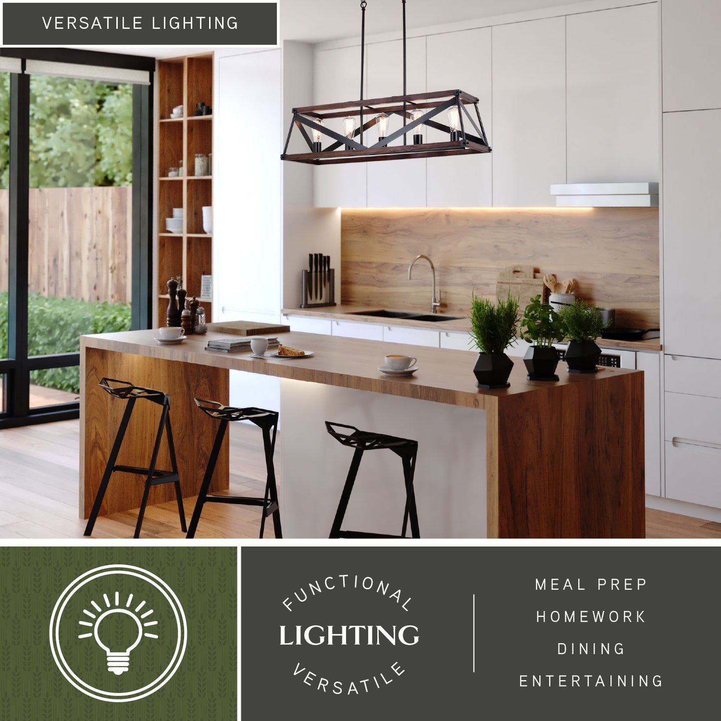 Wade 36 inch 5 light chandelier installed in a modern kitchen, highlighting its versatile functional lighting ideal for meal prep, homework, dining, and entertaining.