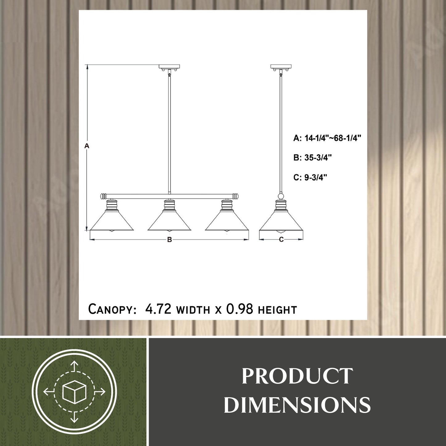 Technical dimension line drawing of the Akron 35.75-inch 3-light linear chandelier showing adjustable fixture height A: 14.25 inches to 68.25 inches, width B: 35.75 inches, shade diameter C: 9.75 inches, and canopy size 4.72 inch width x 0.98 inch height.
