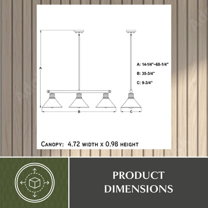 Technical dimension line drawing of the Akron 35.75-inch 3-light linear chandelier showing adjustable fixture height A: 14.25 inches to 68.25 inches, width B: 35.75 inches, shade diameter C: 9.75 inches, and canopy size 4.72 inch width x 0.98 inch height.