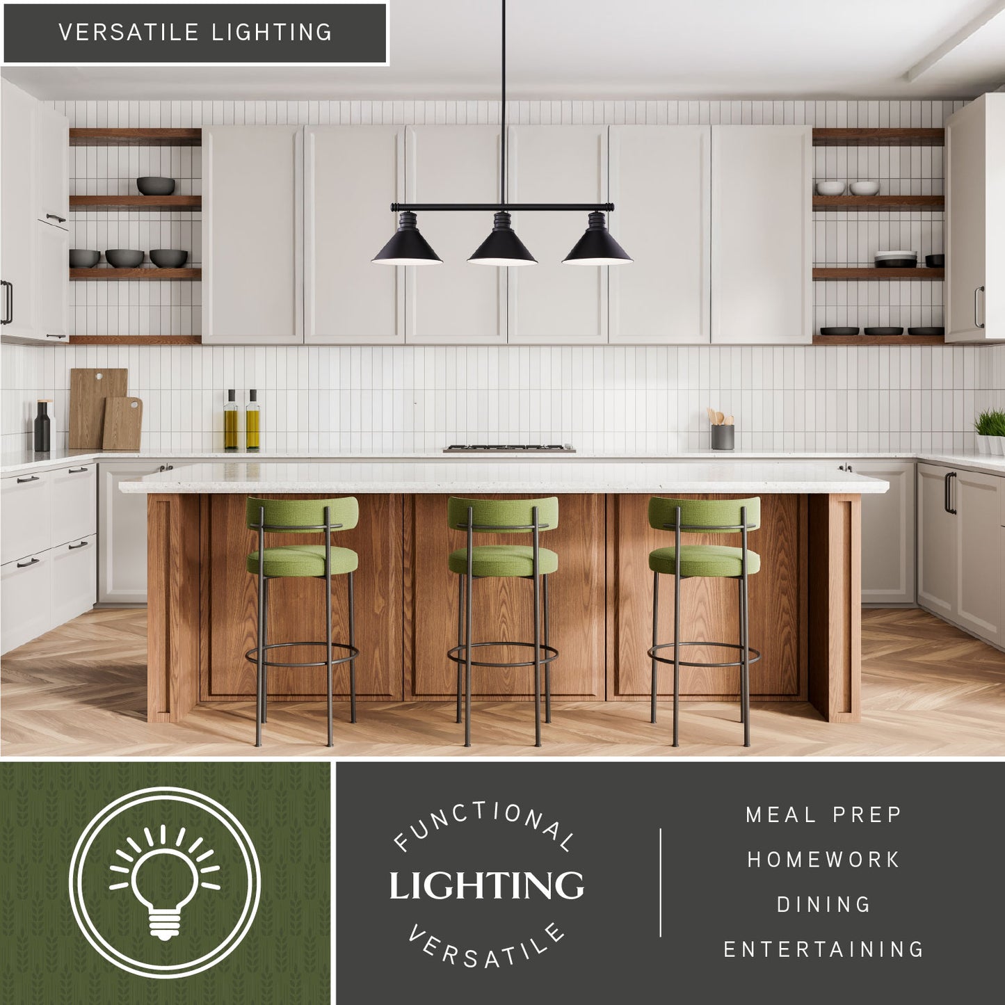 Akron 35.75 inch 3 light linear chandelier installed in a modern kitchen highlighting its versatile functional lighting ideal for meal prep, homework, dining, and entertaining.