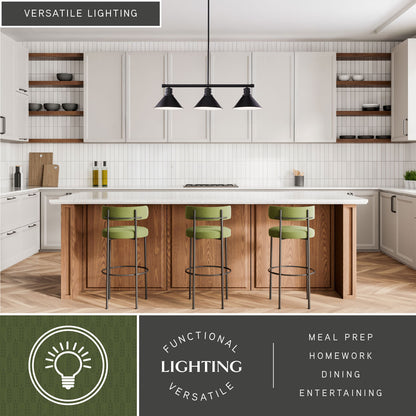 Akron 35.75 inch 3 light linear chandelier installed in a modern kitchen highlighting its versatile functional lighting ideal for meal prep, homework, dining, and entertaining.