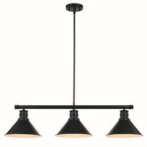 Straight-on front view of the Akron 35.75-inch 3-light linear chandelier in an oil rubbed bronze finish, showcasing three funnel-style metal shades suspended from a rod against a clean white background.