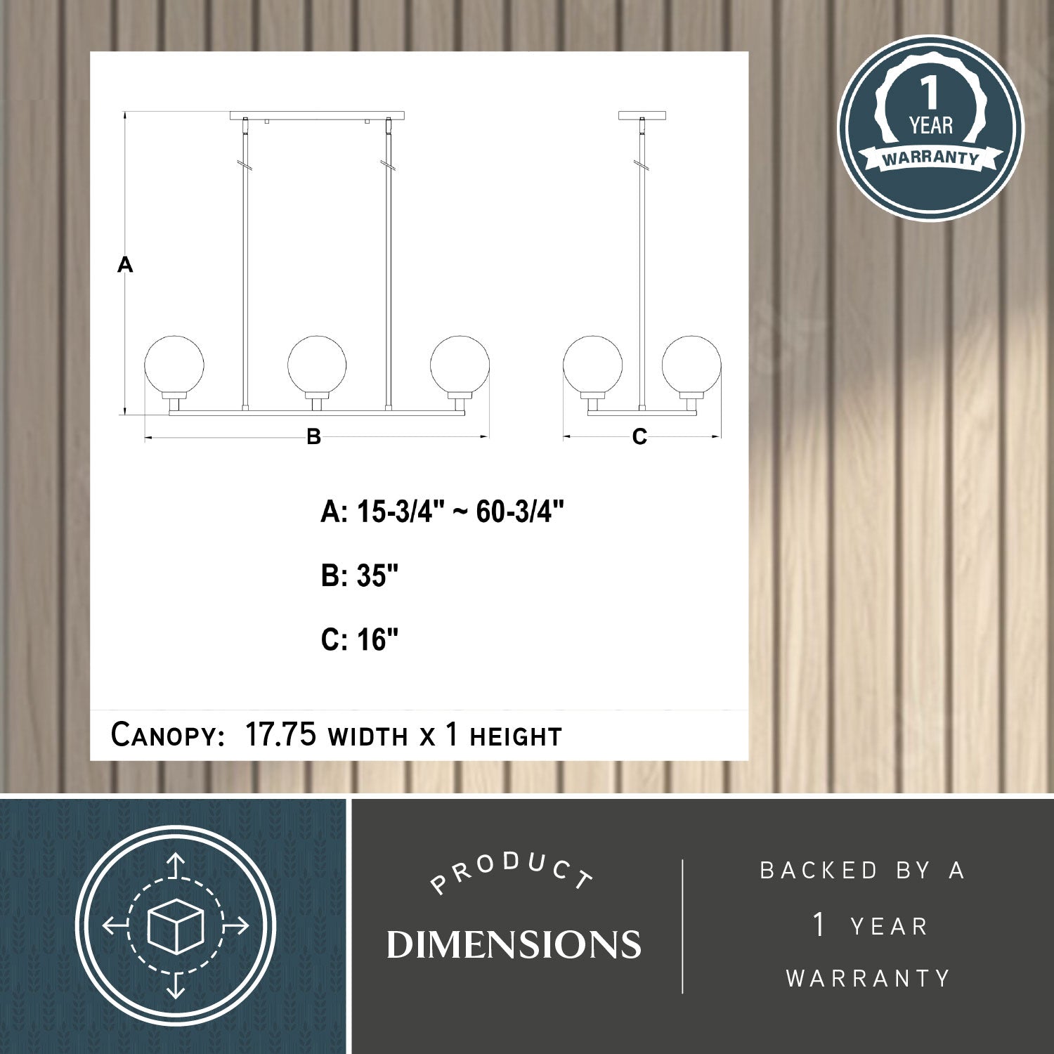Technical dimension line drawing of Lander 35 inch 6 light linear chandelier showing adjustable height A: 15.75–60.75 inch, fixture width B: 35 inch, globe height C: 16 inch, and canopy size 17.75 inch width × 1 inch height, backed by a 1-year warrant