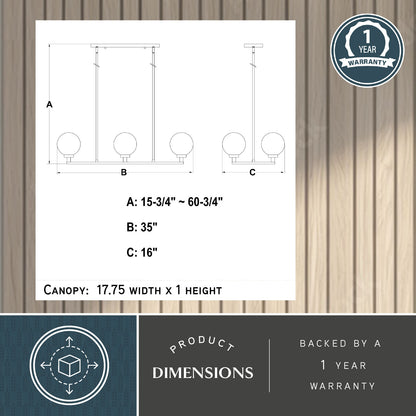 Technical dimension line drawing of Lander 35 inch 6 light linear chandelier showing adjustable height A: 15.75–60.75 inch, fixture width B: 35 inch, globe height C: 16 inch, and canopy size 17.75 inch width × 1 inch height, backed by a 1-year warrant