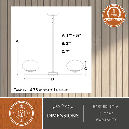 Technical dimension line drawing of Sloane 27 inch 5 Light Chandelier showing adjustable height A: 17–62 inch, fixture width B: 27 inch, globe height C: 7 inch, and canopy size 4.75 inch width × 1 inch height, backed by a 1-year warranty.