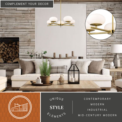 Sloane 27 inch 5 Light Chandelier shown in a living room décor, highlighting its contemporary, modern, industrial, and mid-century modern style elements.