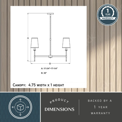 Camden 30-inch 6 Light Chandelier dimension diagram showing adjustable height A: 17.75-inch to 77.25-inch, width B: 30-inch and canopy size: 4.75-inch width by 1-inch height with 1-year warranty badge