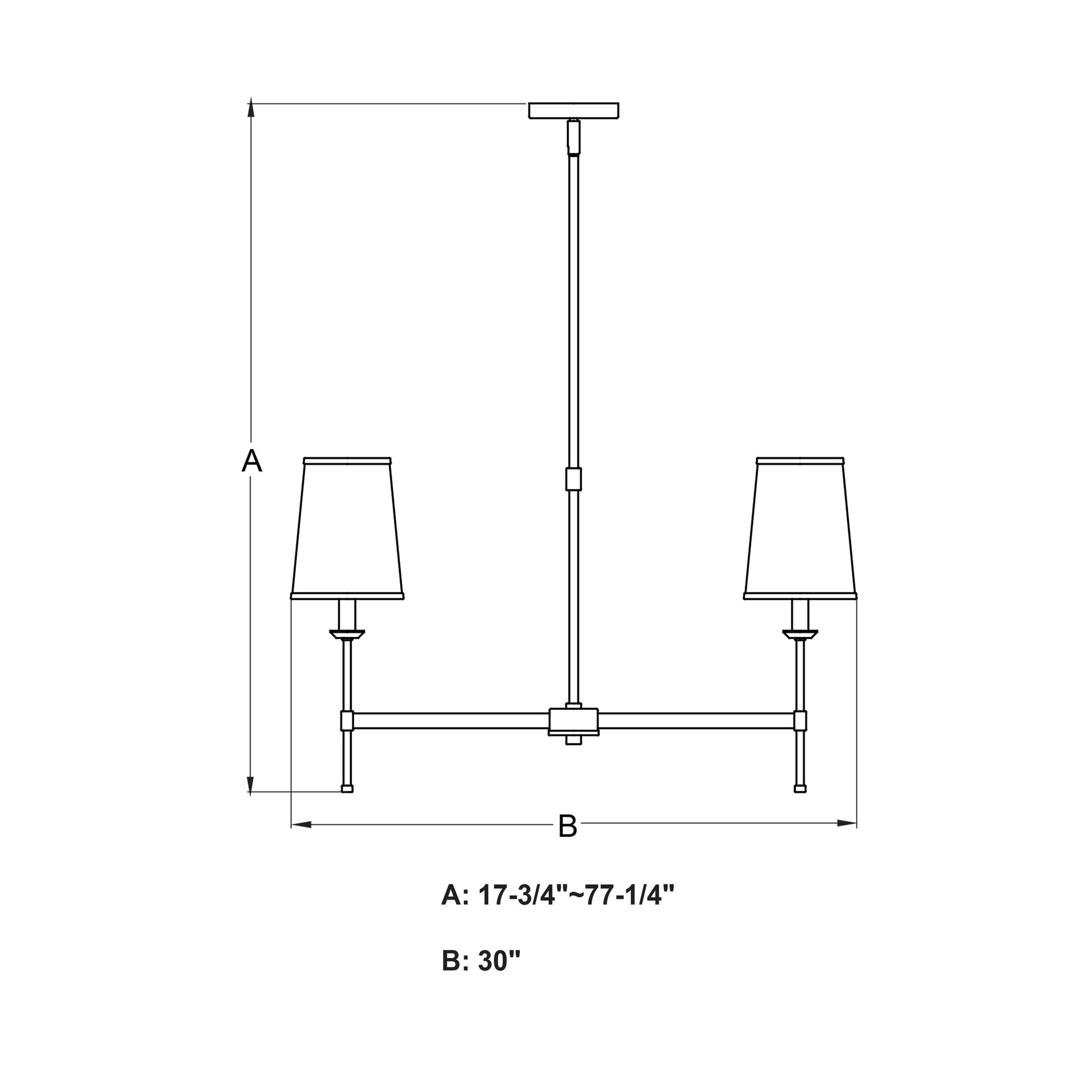 Camden 30-inch 6 Light Chandelier technical line drawing showing adjustable height A: 17.75-inch to 77.25-inch and width B: 30-inch